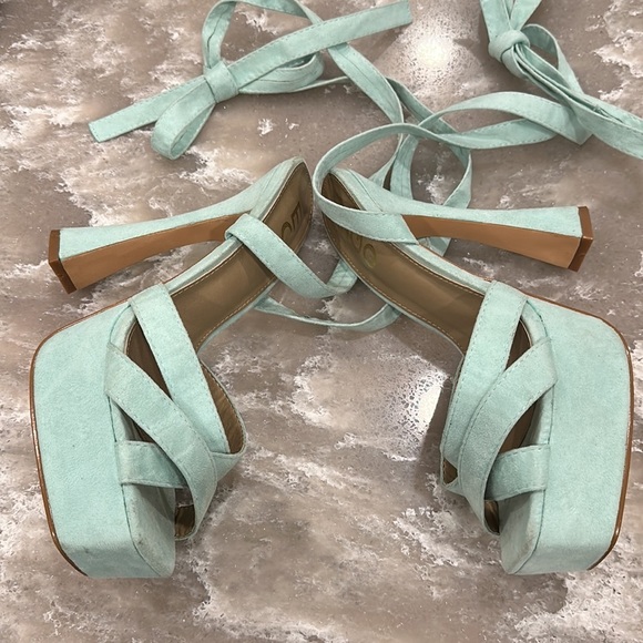 Ego Old Flame Turquoise Blue Square Toe Block Heel Lace Up Platforms size 6 - Picture 6 of 13